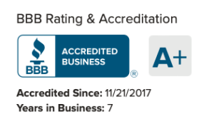 BBB accredited business logo (since November 21, 2017. A+ rating)